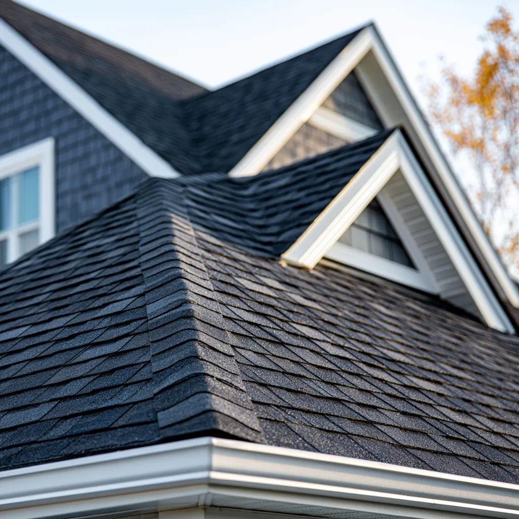 Roof planes of dark shingles below white trimmed gable dormers