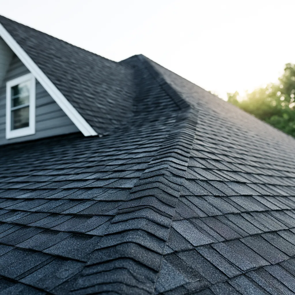 Gray dormer with window among dark shingle roof slopes