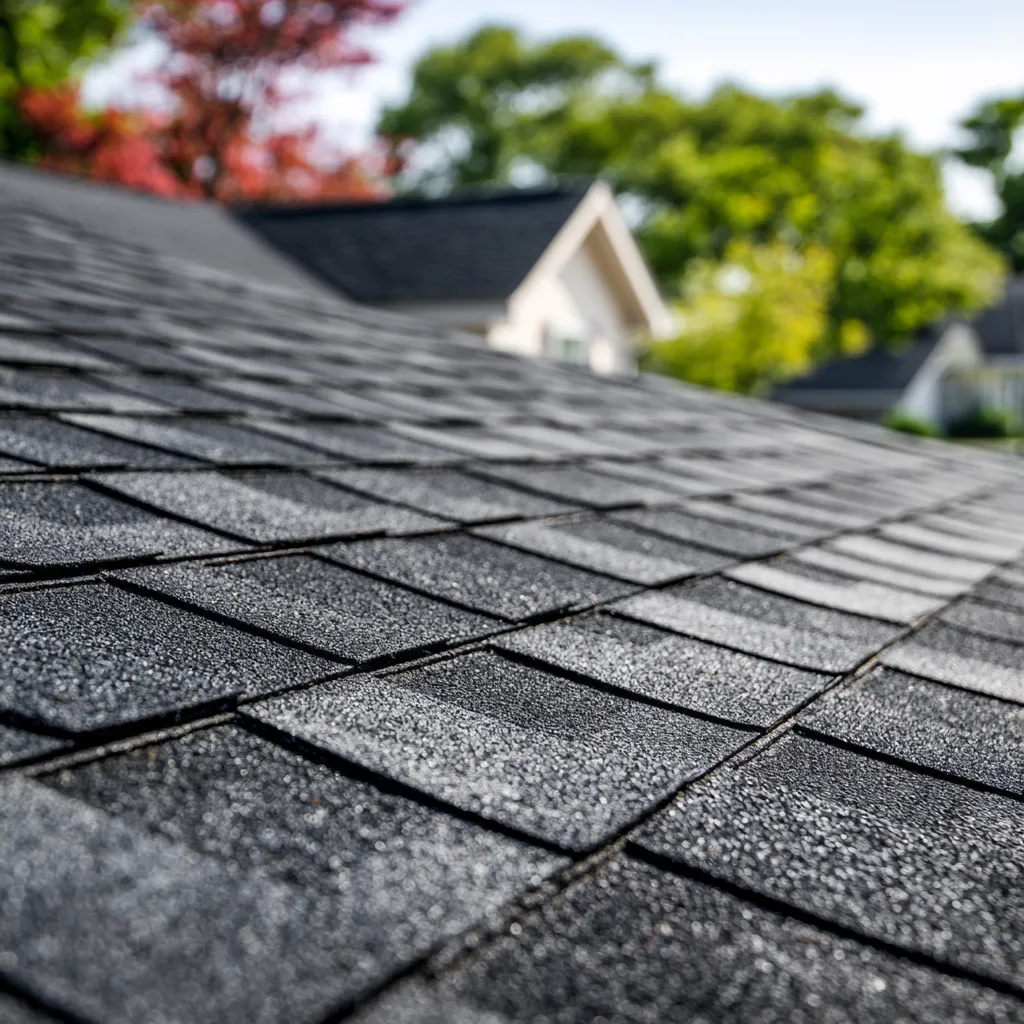 Neighboring homes blurred behind a close-up of black architectural shingles