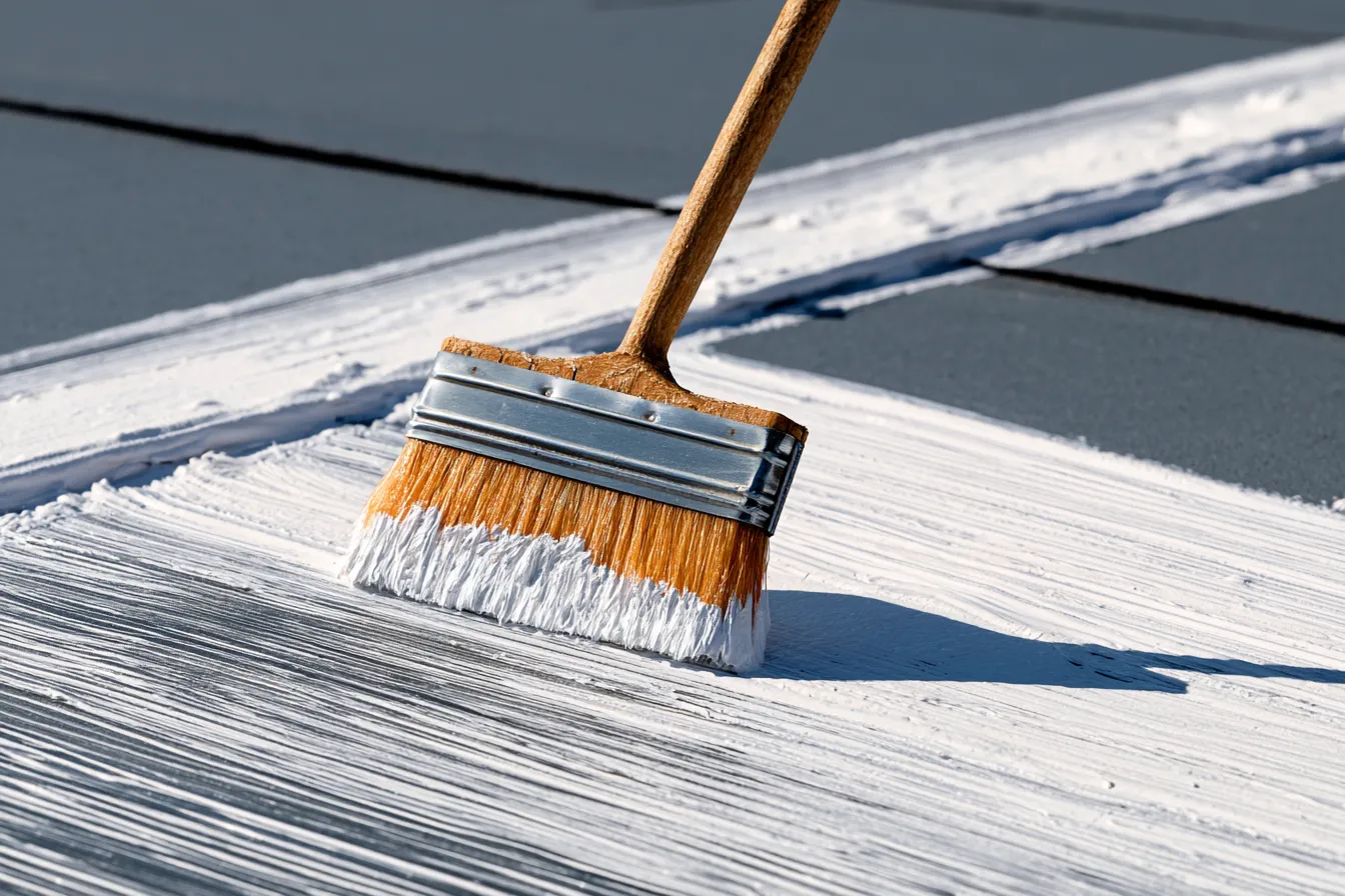 White coating being brushed onto a granulated roof surface in close-up