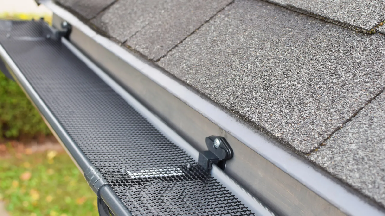 Mesh guard clipped over a gutter beside gray asphalt shingles