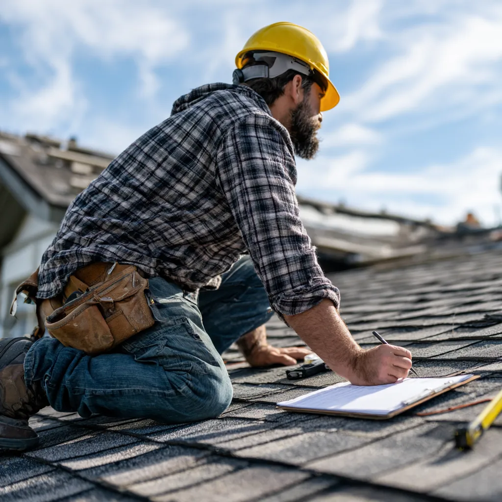 Roof being checked by an inspector holding a clipboard and tape measure