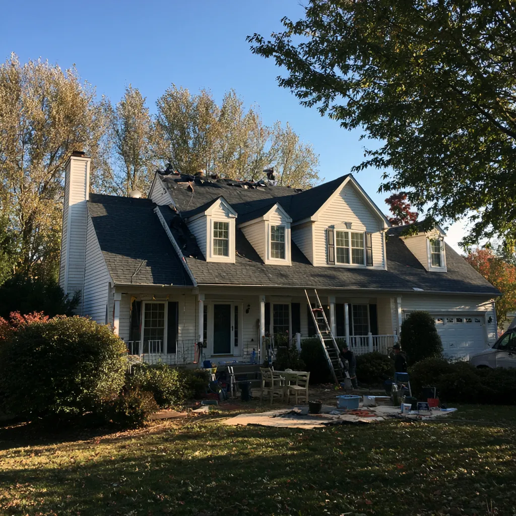 Roofers working on a two-story house with a ladder and equipment below