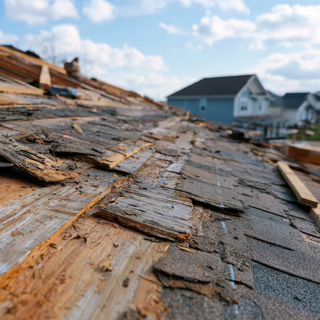 Exposed plank decking and shingle debris on a roof slope