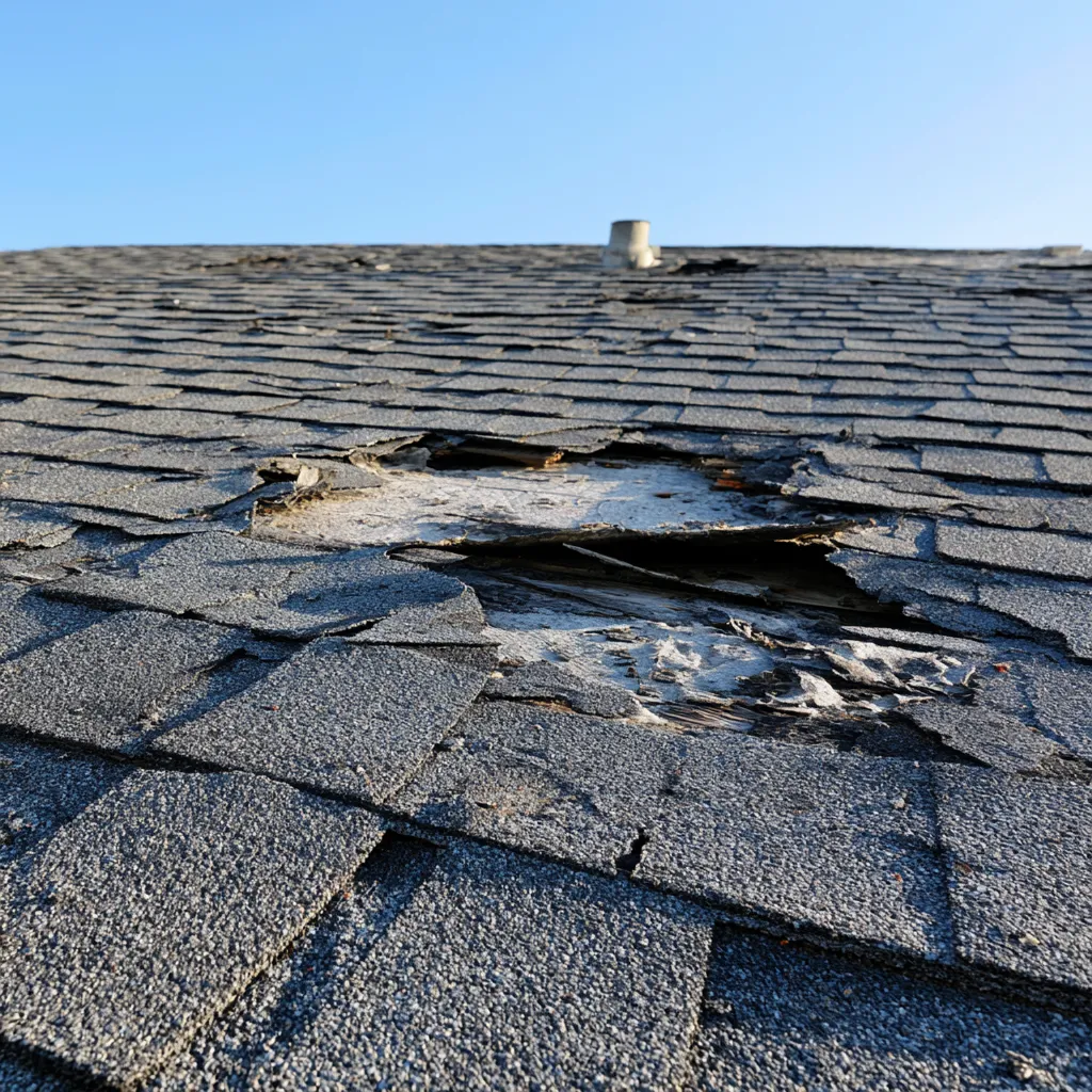 Punctured patch alongside broken shingles on a roof slope