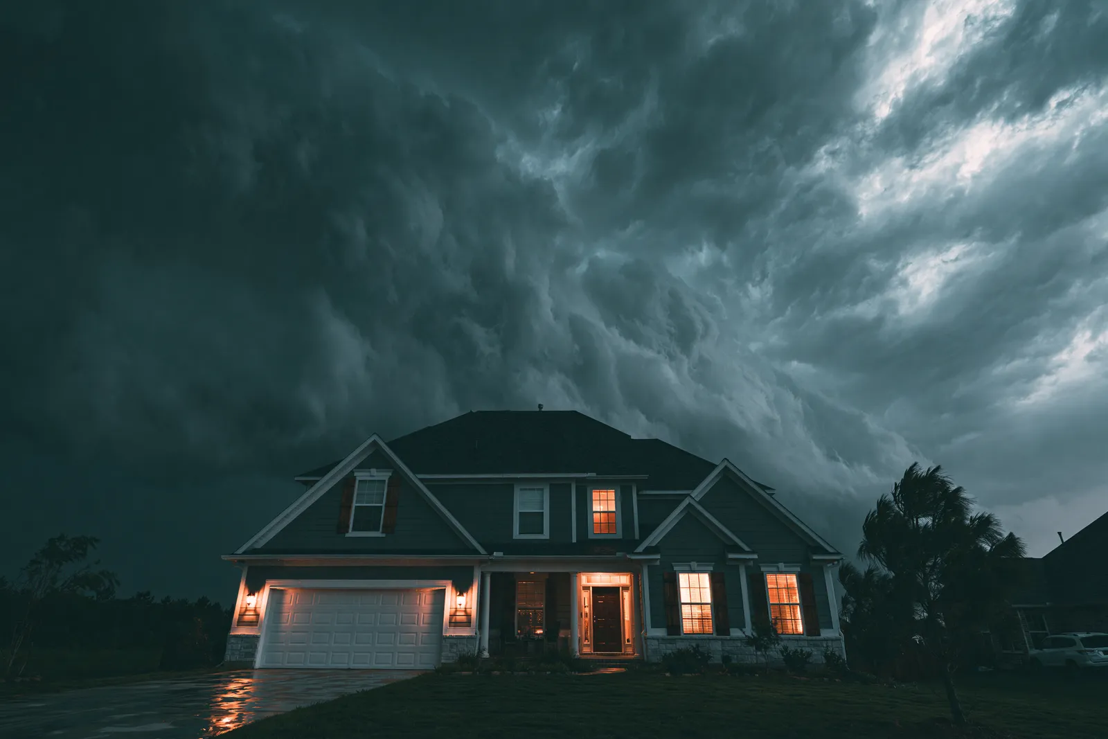 A dramatic storm sky churns above a lit house at dusk